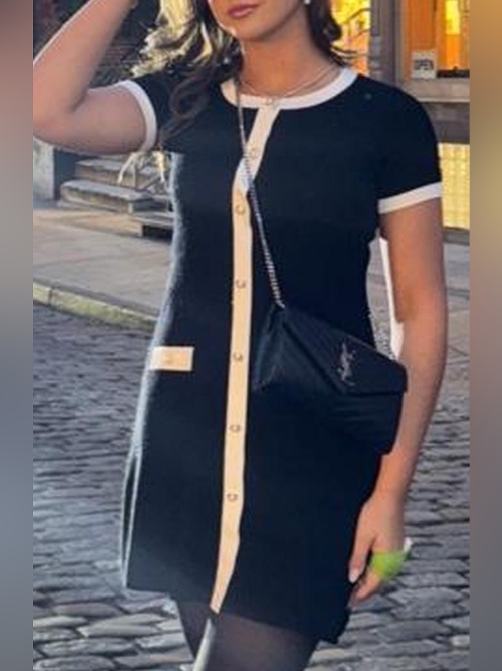Taylor Black Dress with Tan Trim and Pearl Buttons